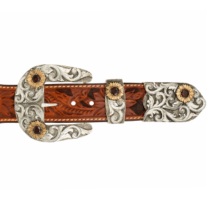 A custom western three piece belt buckle set featuring antiqued silver scrollwork and golden sunflowers 